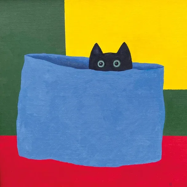 DRY RED PRESS Blue Bag Cat Art Greeting Card