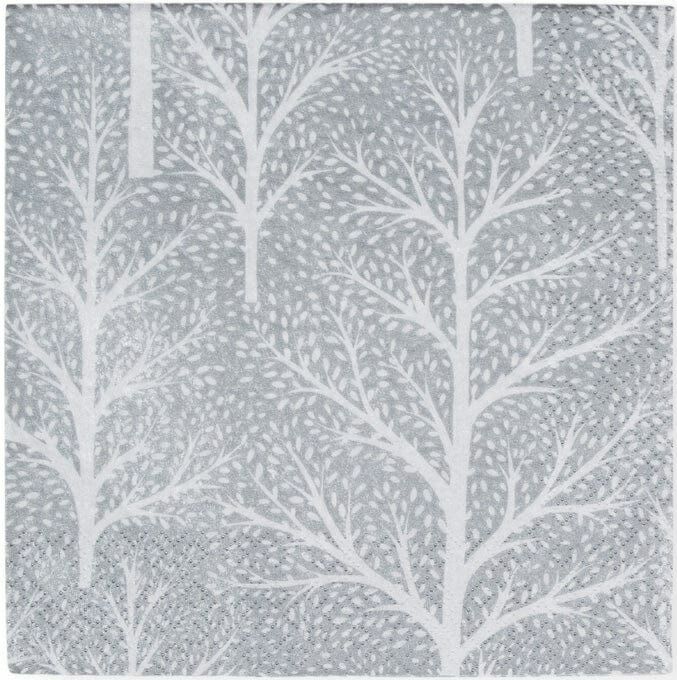 CASPARI Winter Trees Lunch Napkins - Silver &amp; White - Pack of 20
