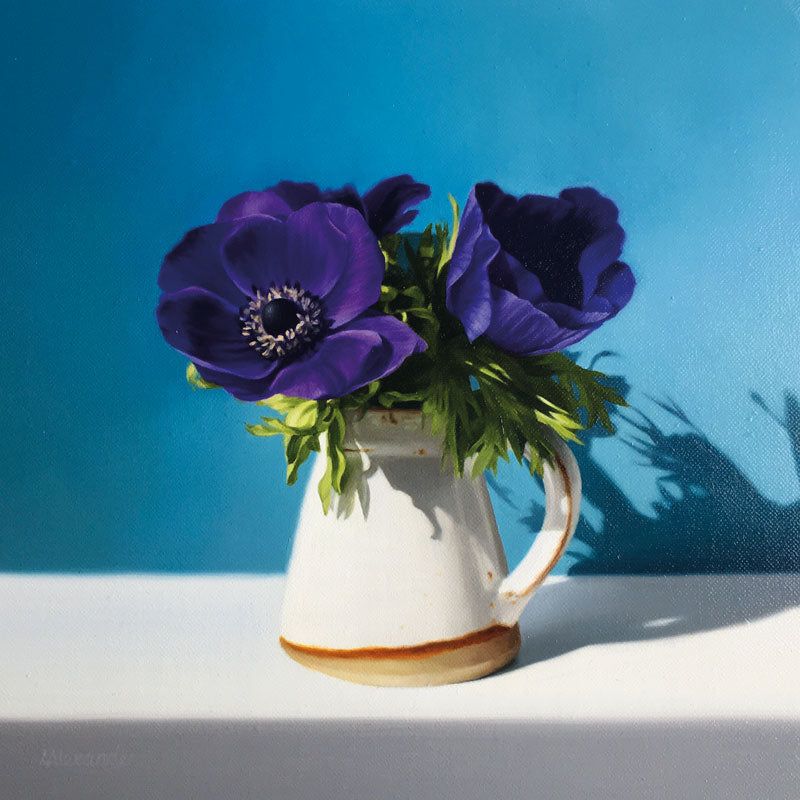 DRY RED PRESS Purple Anemones in a Stoneware Jug Art Greeting Card