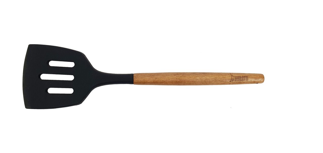 ST. CLARE Black Silicone Slotted Lifter with Acacia Handle