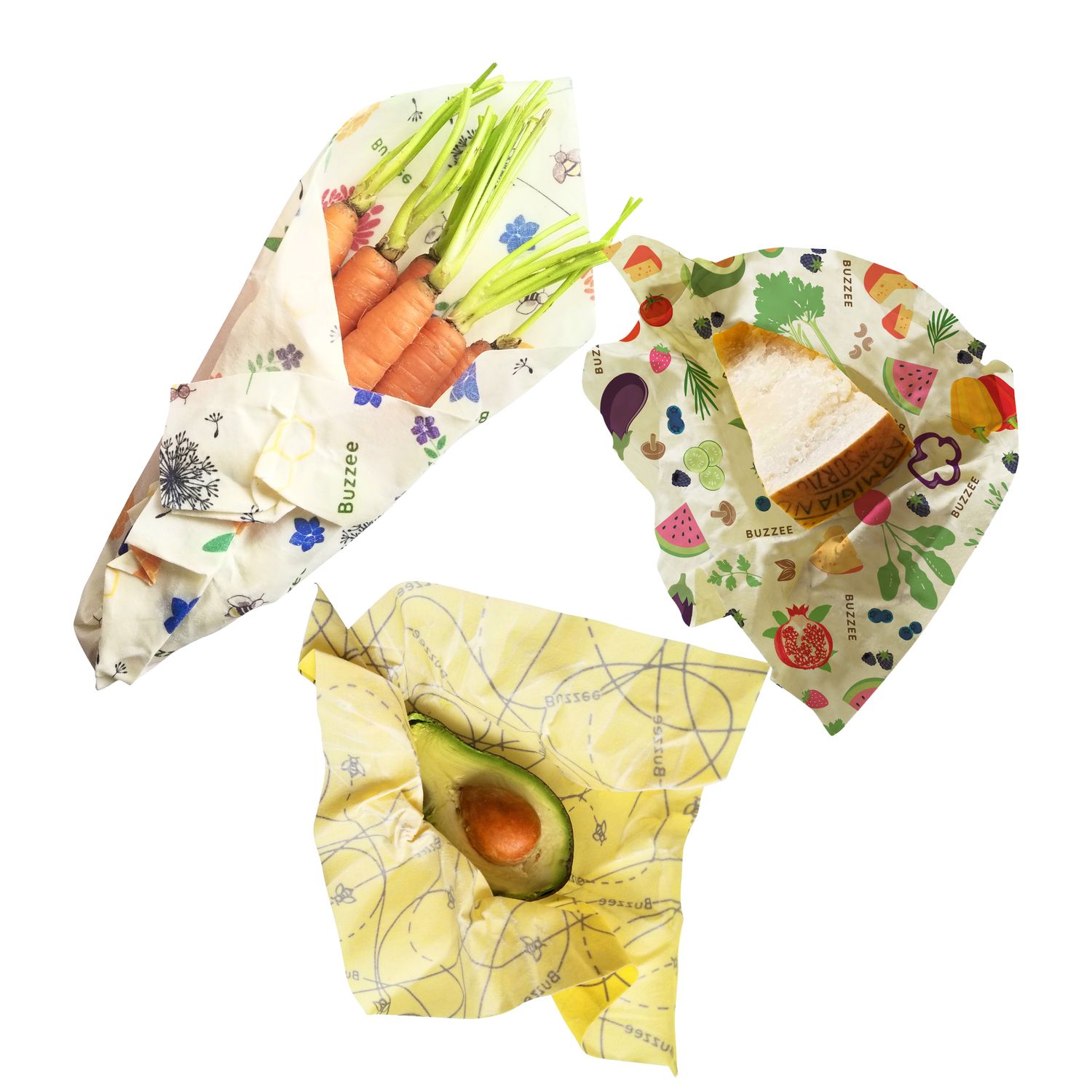 BUZZEE Organic Beeswax Wraps Pack 3 - Assorted. Designs