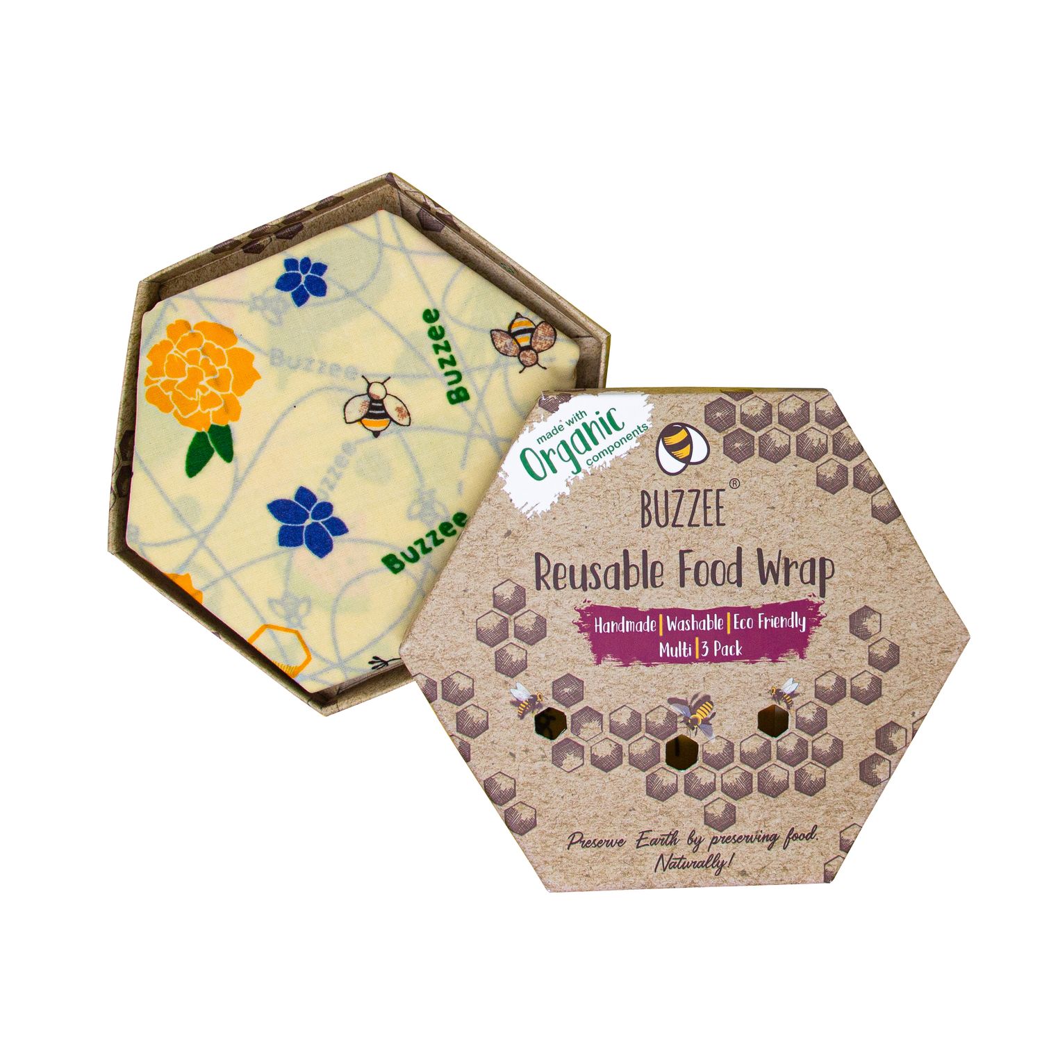 BUZZEE Organic Beeswax Wraps Pack 3 - Assorted. Designs