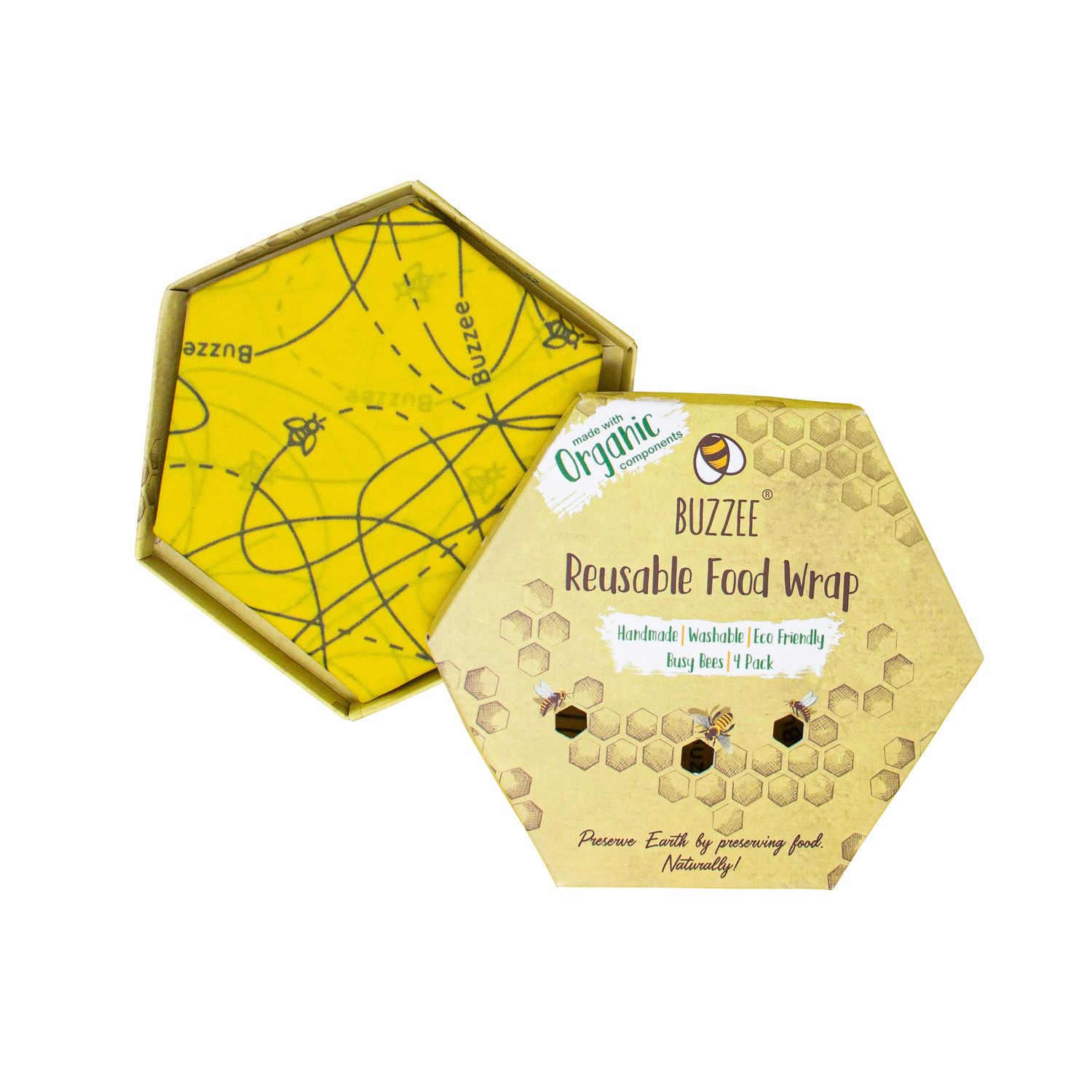 BUZZEE Organic Beeswax Wraps Pack 4 - Busy Bees