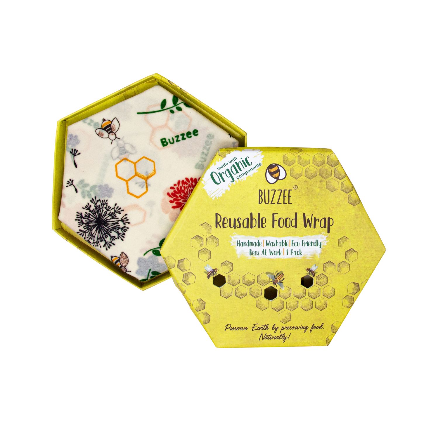 BUZZEE Organic Beeswax Wraps Pack 4 - Bees At Work