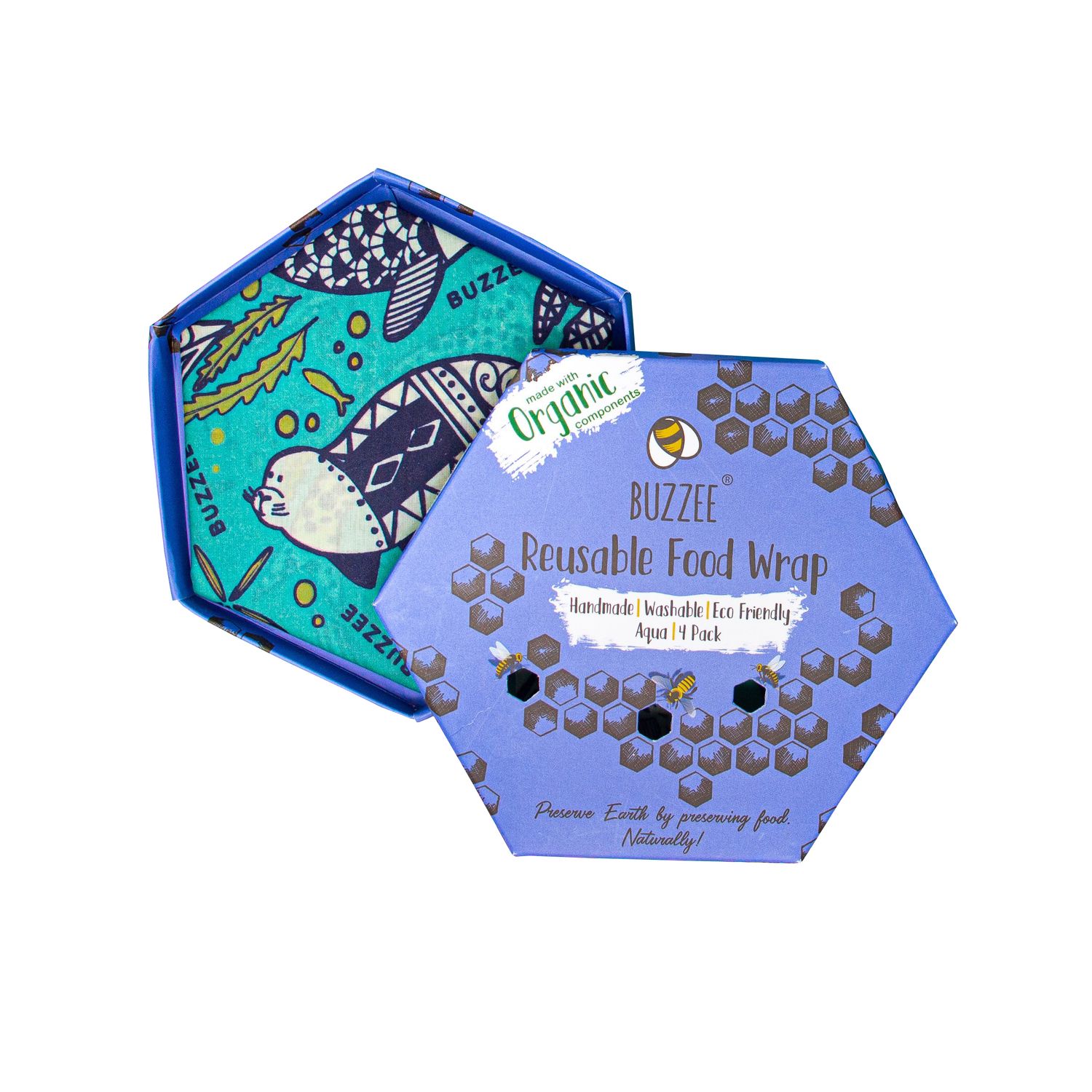 BUZZEE Organic Beeswax Wraps Pack 4 - Aqua