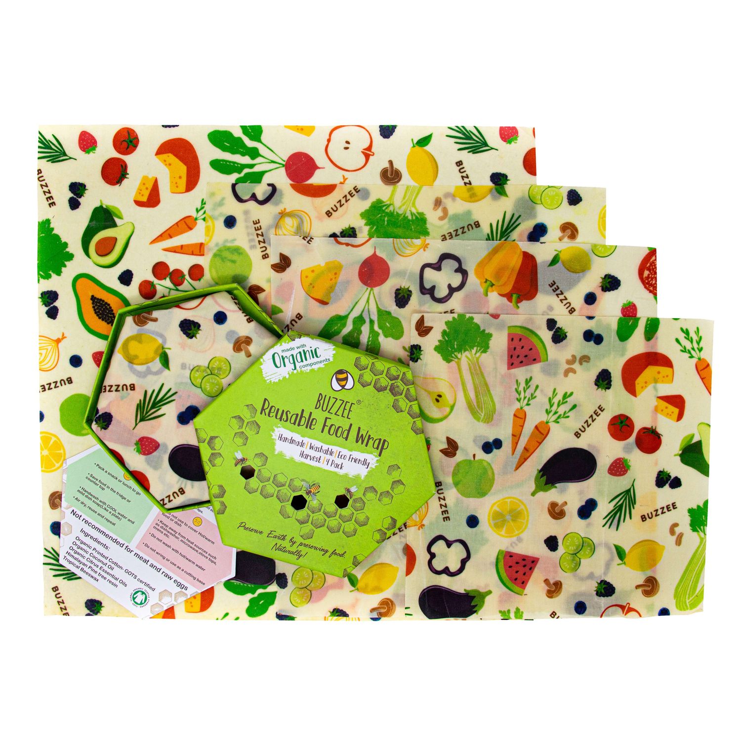 BUZZEE Organic Beeswax Wraps Pack 4 - Harvest