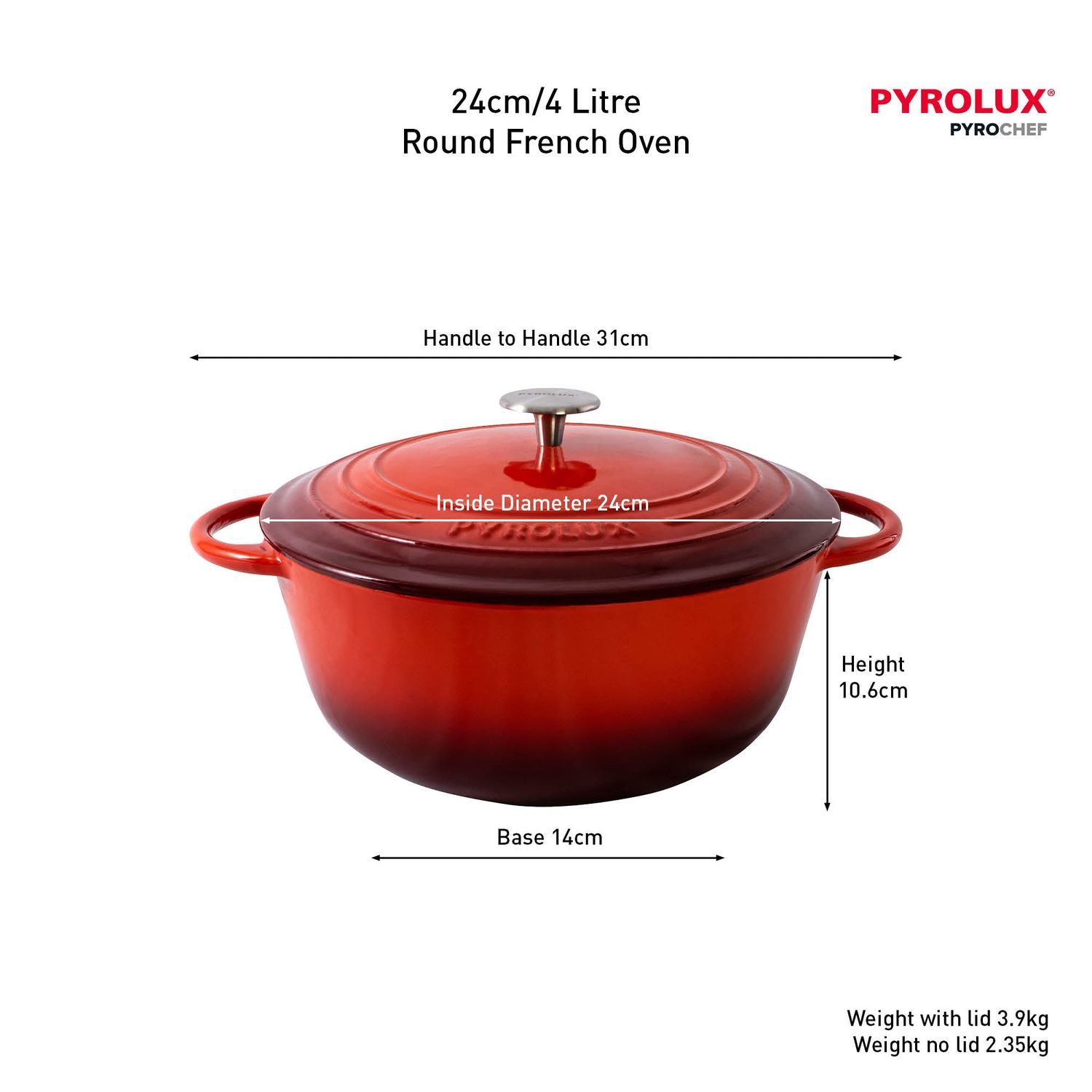 PYROLUX Round French Oven - 24cm / 4 Litre - Chilli Red