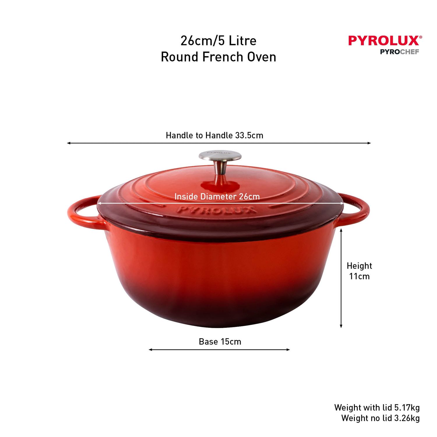 PYROLUX Round French Oven - 26cm / 5 Litre - Chilli Red