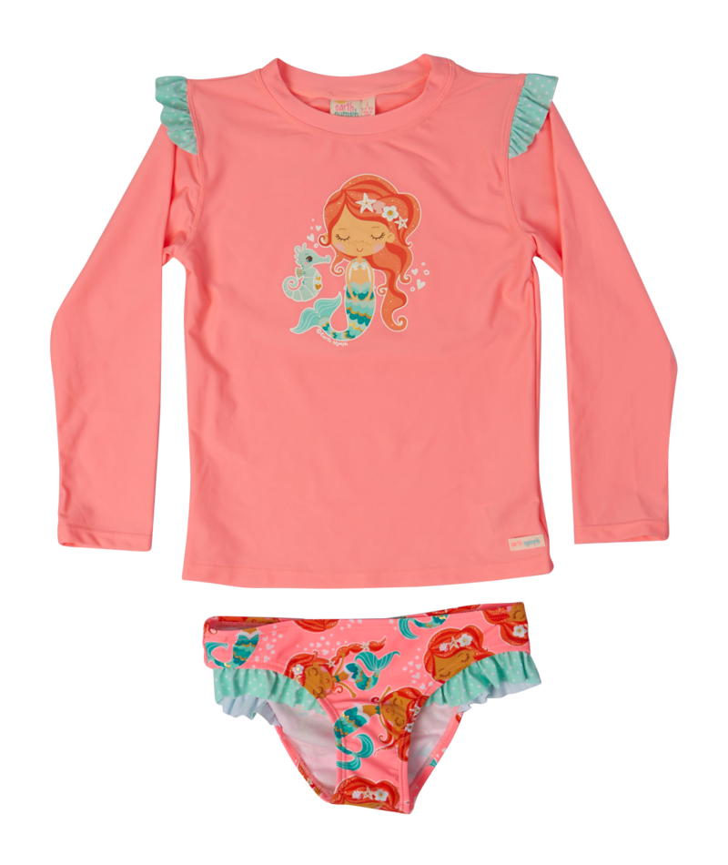 EARTH NYMPH Girls' Wetshirt Set - Under The Sea Mermaid - Bright Coral