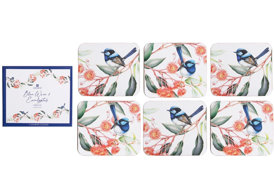 ASHDENE Blue Wren &amp; Eucalyptus - Coasters 6pk