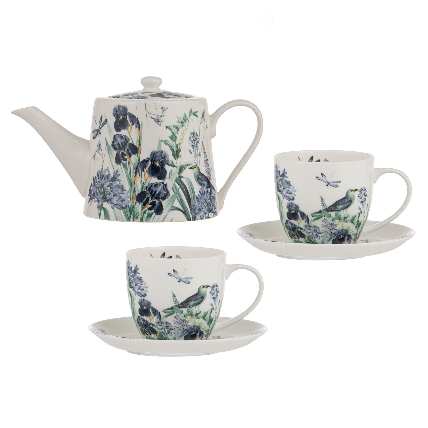 ASHDENE Iris Garden White Teapot &amp; 2 Teacup Set