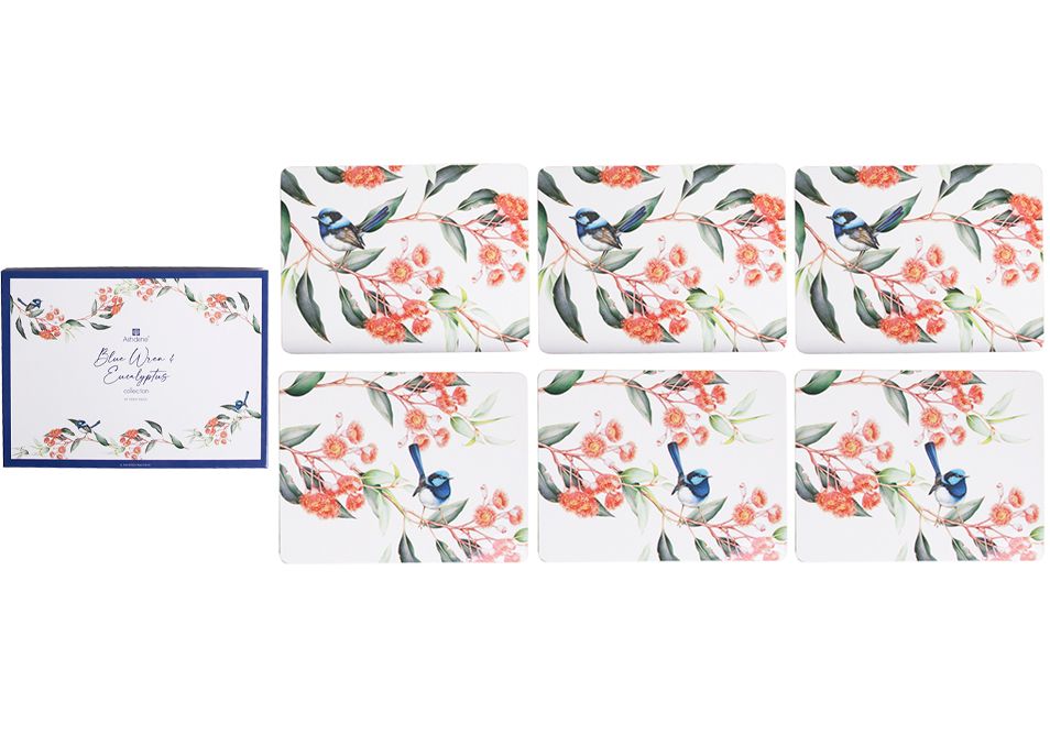 ASHDENE Blue Wren &amp; Eucalyptus - Placemats 6pk