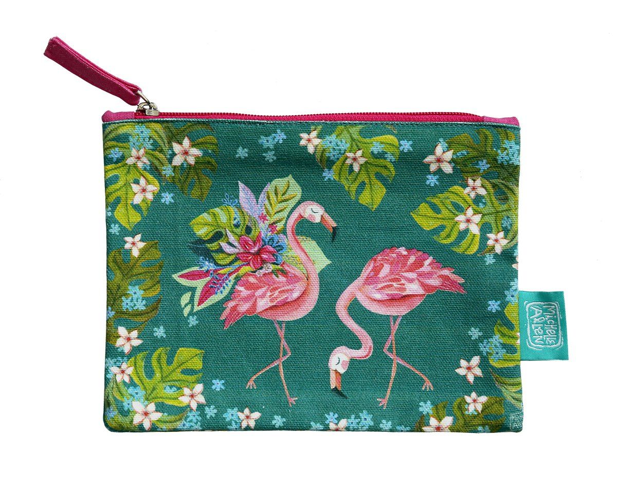 ALLEN DESIGNS Flamingos Teal Cotton Pouch