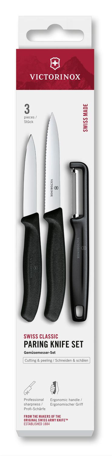 VICTORINOX 3 Piece Paring Knife Set with Peeler - Black Gift Box