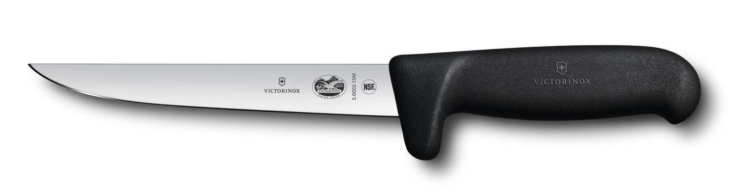 VICTORINOX Fibrox Boning Knife, 15cm, Straight Wide Blade - Black - Straight Edge - Safety Grip