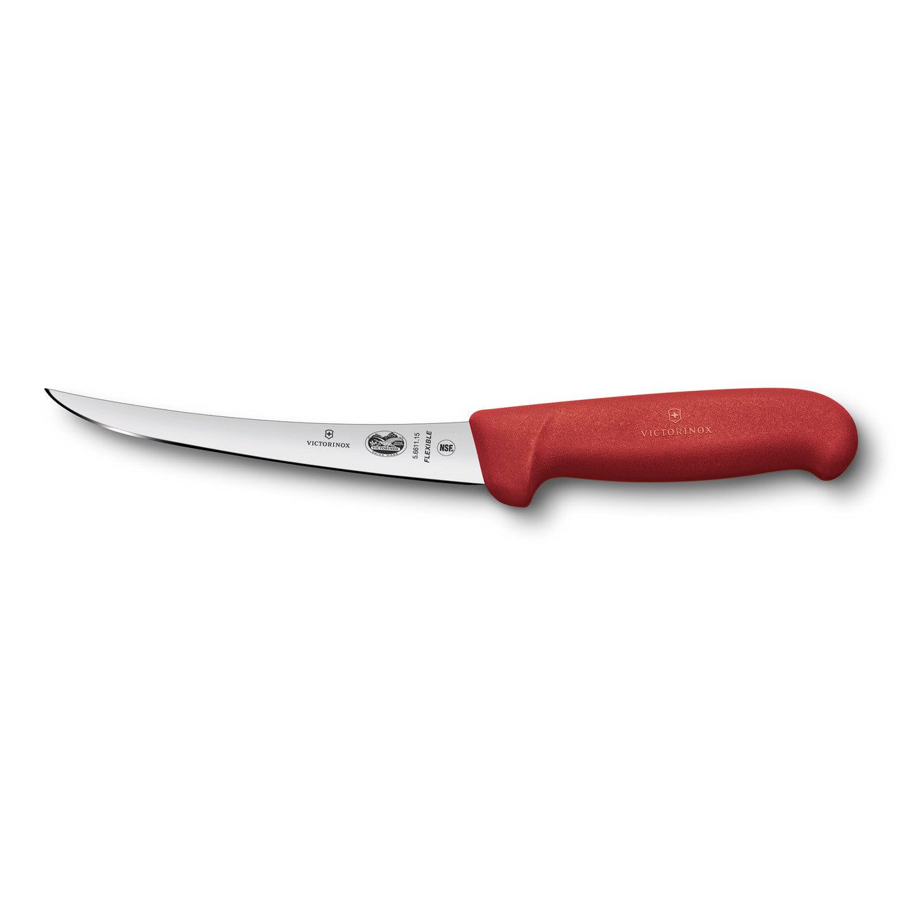 VICTORINOX Fibrox Boning Knife, 12cm Curved, Flexible Narrow Blade - Red - Straight Edge