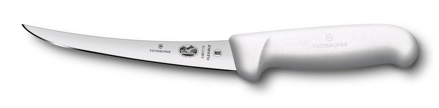 VICTORINOX Fibrox Boning Knife, 15cm Curved, Flexible Narrow Blade - White - Straight Edge