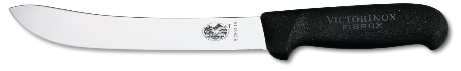 VICTORINOX Fibrox Butchers Knife, 18cm Heavy Stiff Blade - Black - Straight Edge - Safety Nose