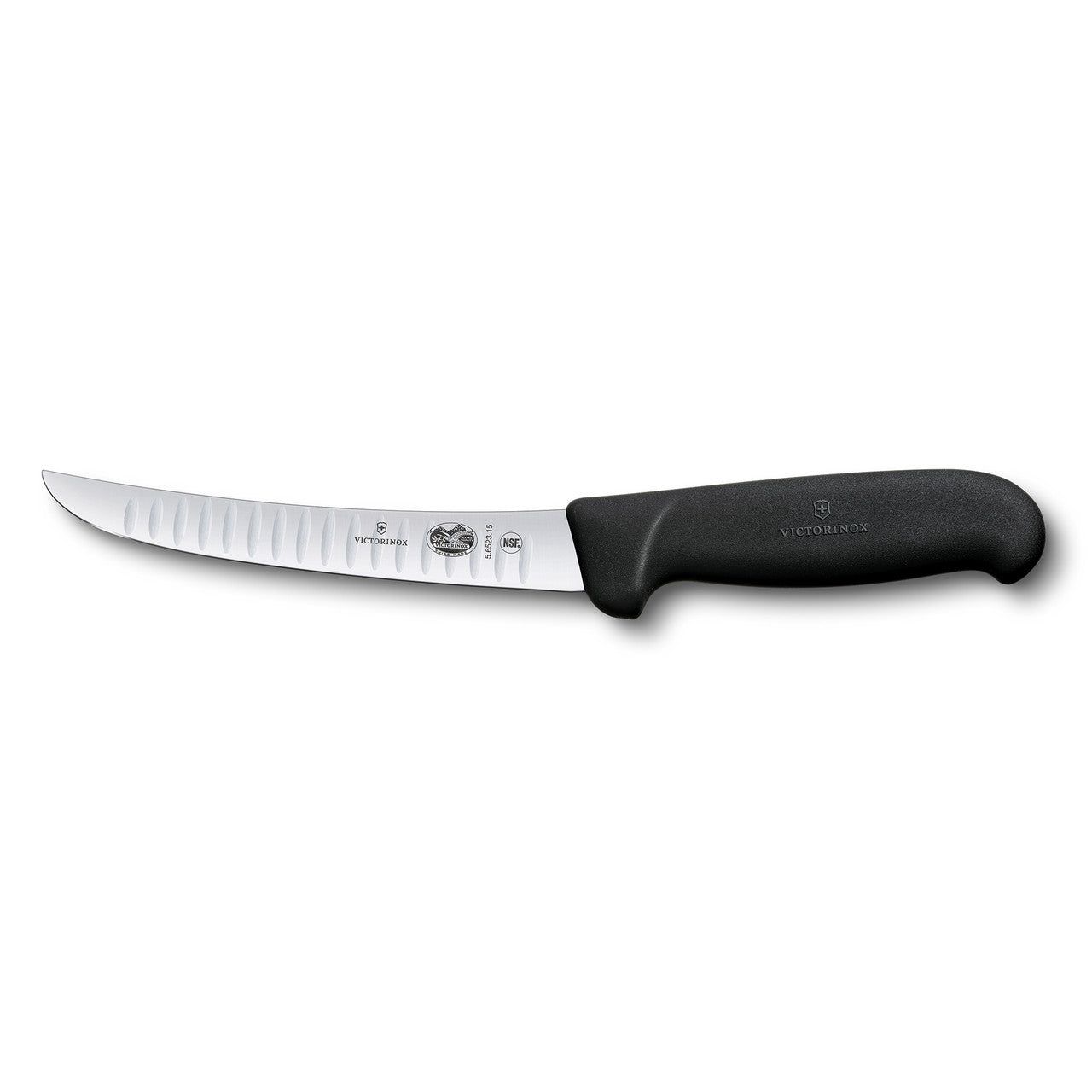 VICTORINOX Fibrox Boning Knife, 15cm Curved Fluted Blade - Black - Straight Edge