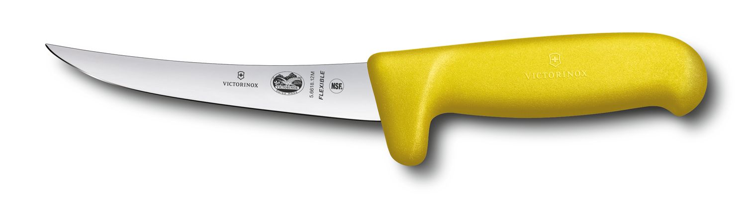 VICTORINOX Fibrox Boning Knife, 12cm Curved, Flexible Narrow Blade - Yellow - Straight Edge - Curved, Safety Grip, Flexible