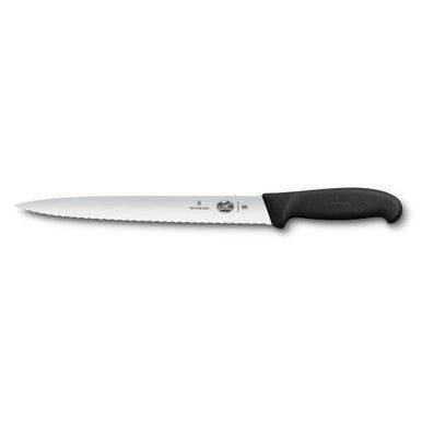 VICTORINOX Fibrox Slicing Knife, 25cm Pointed Tip, Wavy Edge - Black - Straight Edge