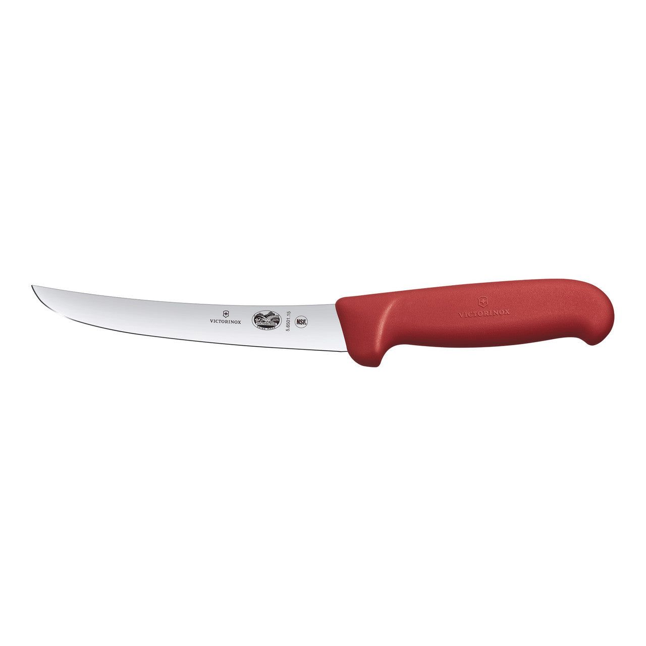 VICTORINOX Fibrox Boning Knife, 15cm Curved, Wide Blade - Red - Straight Edge