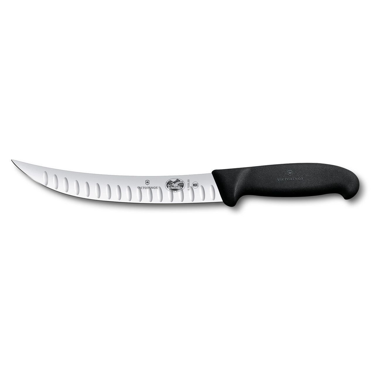 VICTORINOX Fibrox Slaughter Knife, 20cm, Curved Narrow Blade, Fluted - Black - Straight Edge