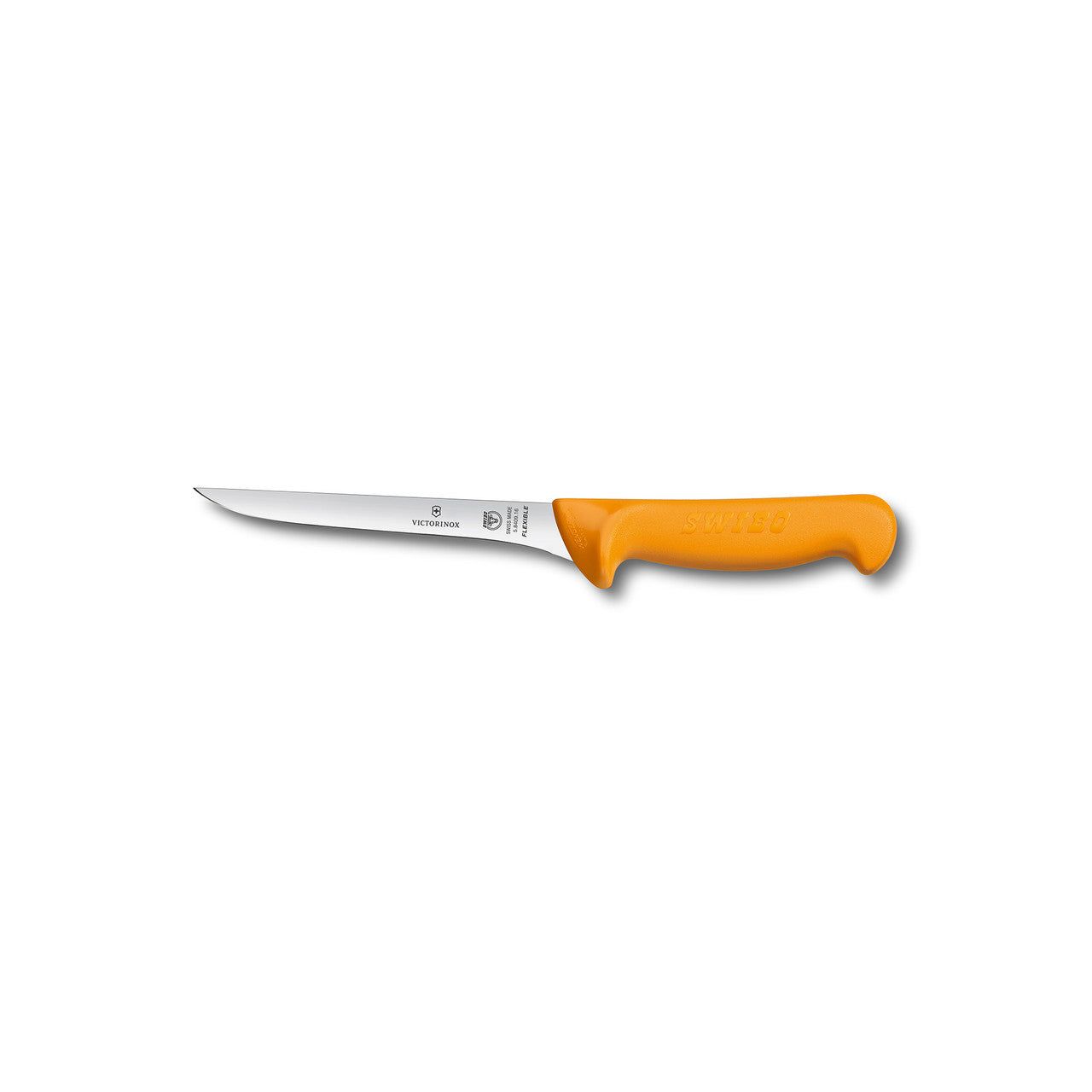 VICTORINOX Swibo Boning Knife, 13cm Straight Flexible Narrow Blade, Curved to Guard - Yellow - Straight Edge