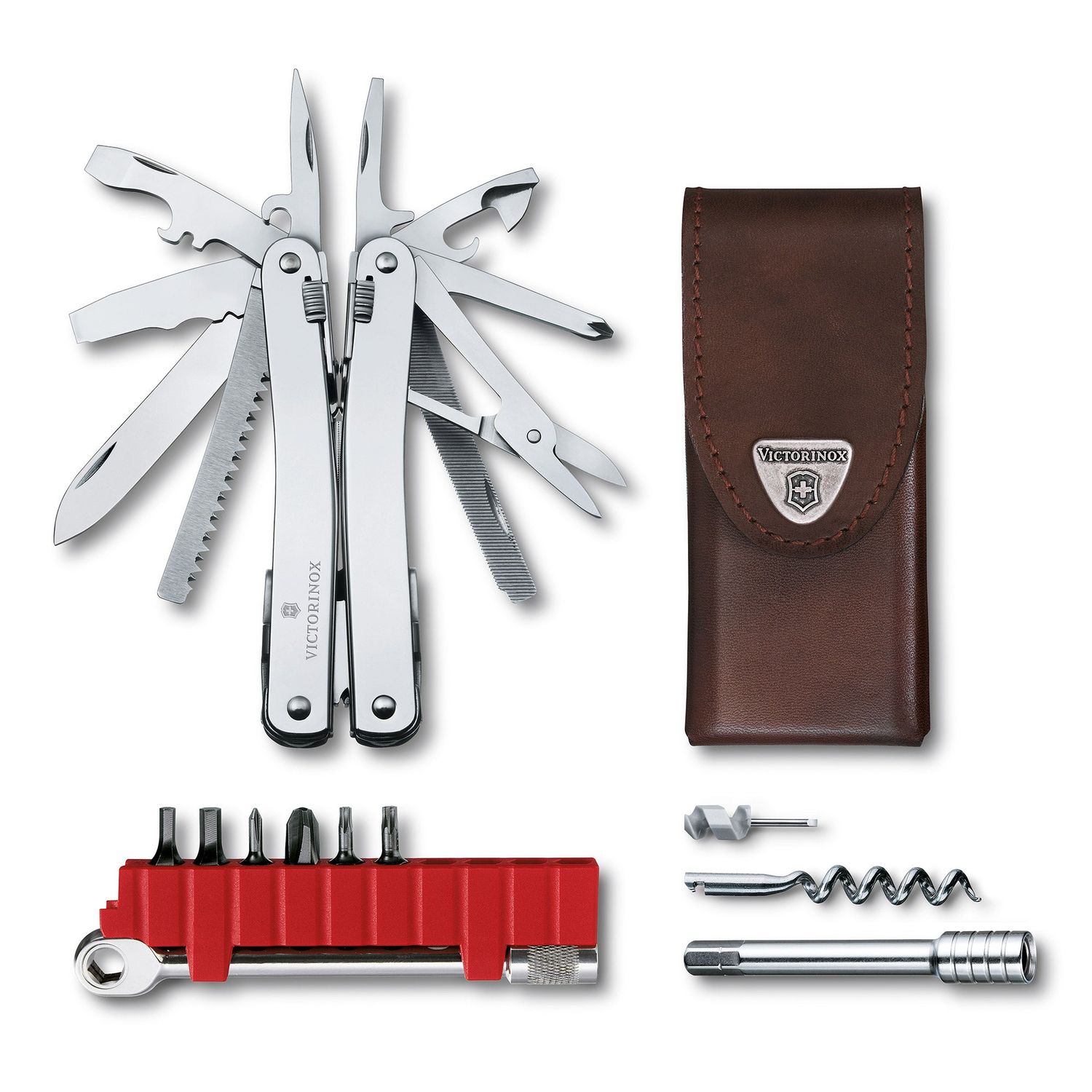 VICTORINOX Swiss Army Knife Swiss Tool Spirit X Plus, Ratchet - Silver - Leather Pouch
