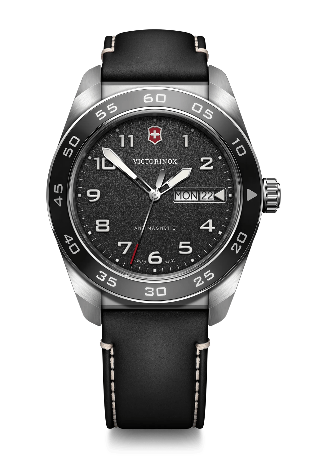 VICTORINOX Swiss Army Quartz Watch - 42 mm - Black Leather Strap - Black Dial