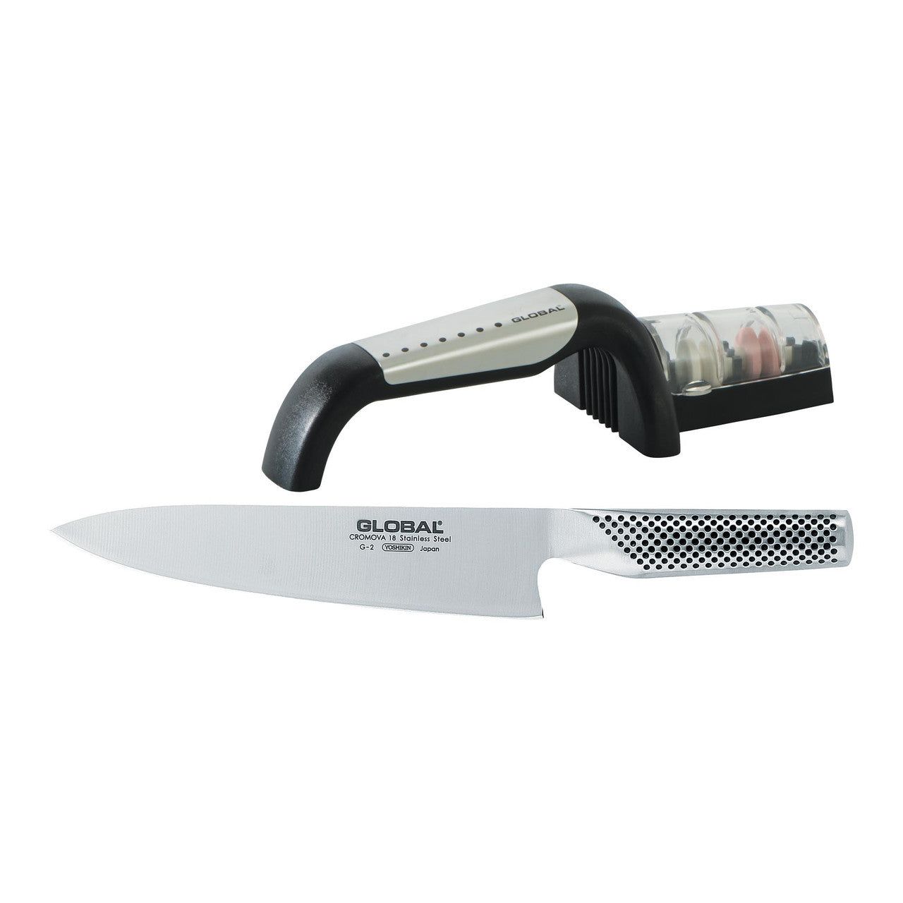 GLOBAL Cook's Knife 20cm &amp; 2 Stage Sharpener Set G-291/SB
