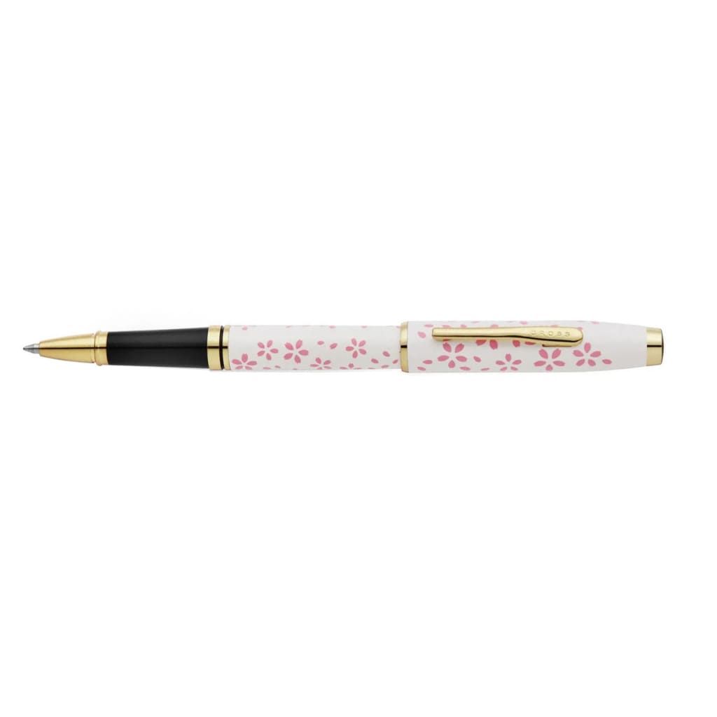 CROSS Coventry Cherry Blossom Pearl White Lacquer Sakura Pink Screenprint with Polished Gold Tone Appointments Rollerball Pen