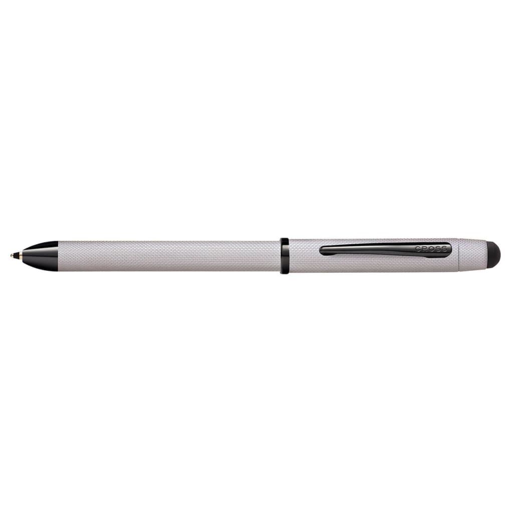 CROSS Tech3+ Multi Function Pen. Brushed Chrome with Engraved Engine-Turned Diamond-Pattern Finish with Black PVD Appointments, 0.5mm lead and optional stylus.
