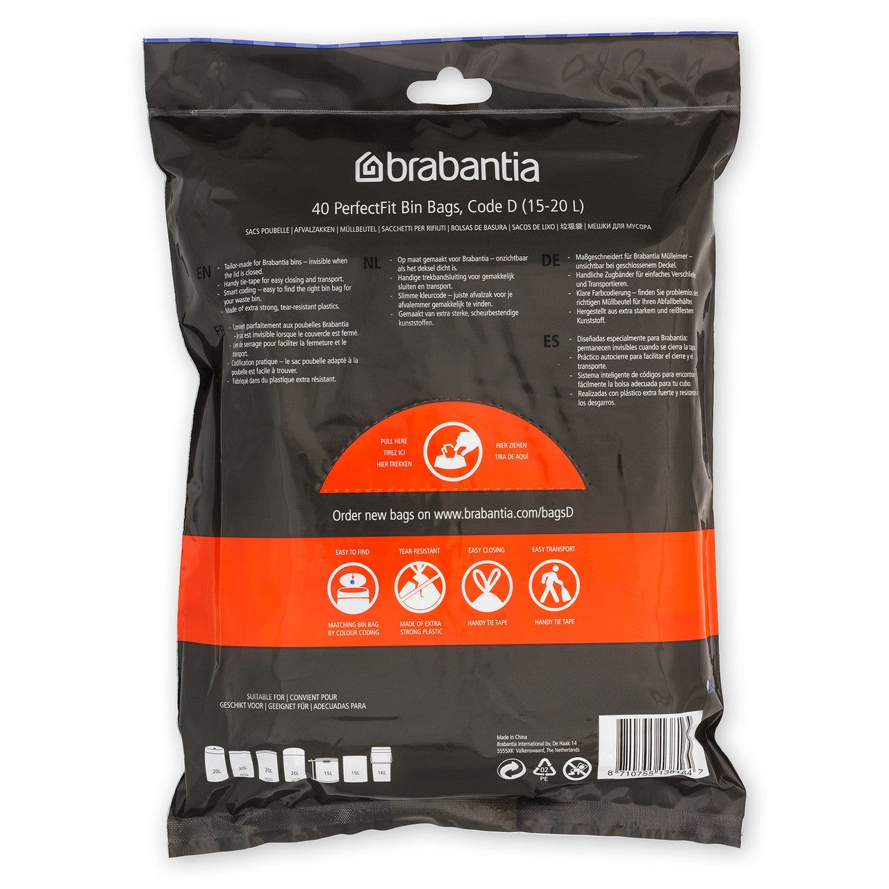 BRABANTIA PerfectFit Bags, Code D, 15-20L, 40 Bags - White