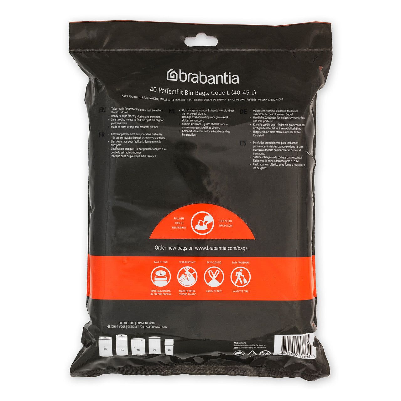 BRABANTIA PerfectFit Bags, Code L, 40-45L, 40 Bags - White