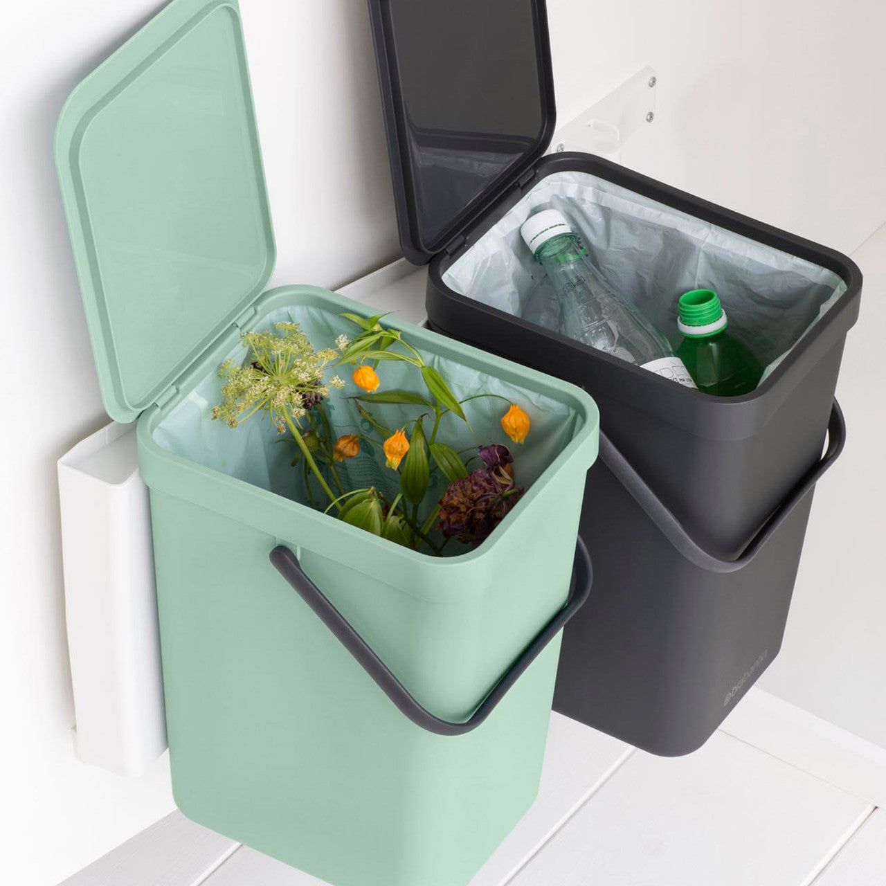 BRABANTIA Sort &amp; Go Built-in Bin, 2 x 16L - Jade Green/Grey