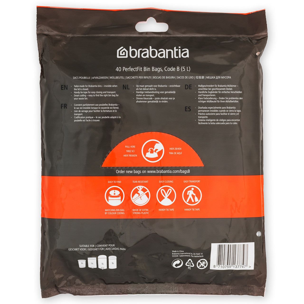BRABANTIA PerfectFit Bags, Code B, 5-7L, 40 Bags - White