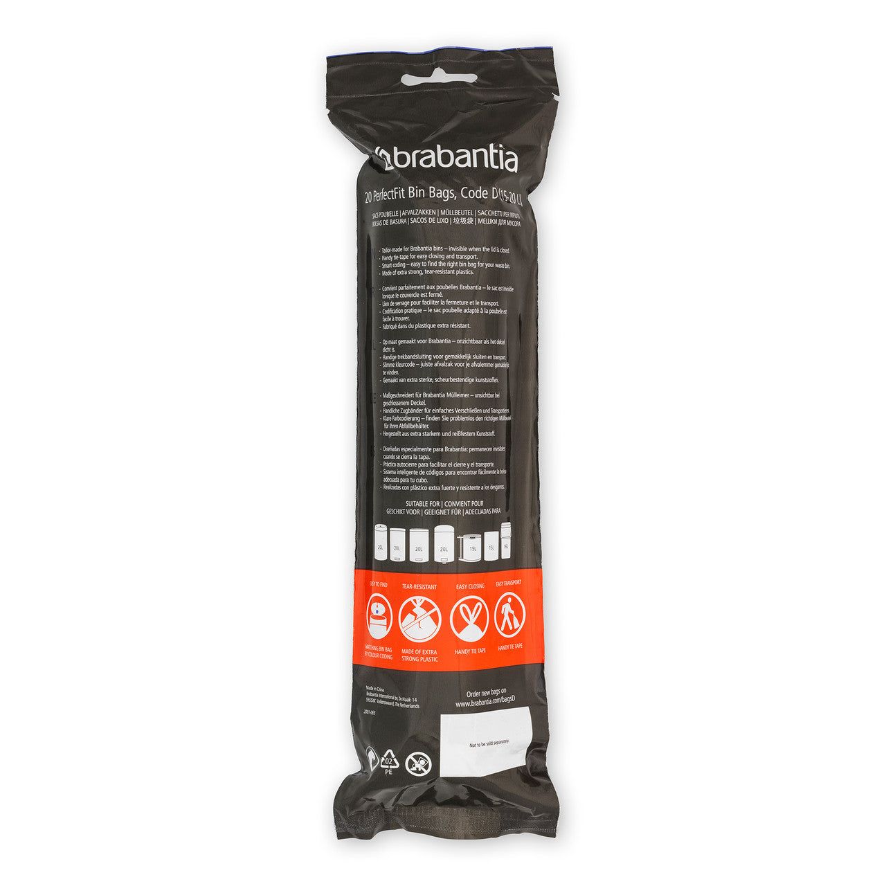 BRABANTIA PerfectFit Bags, Code D, 15-20L, 20 Bags - White