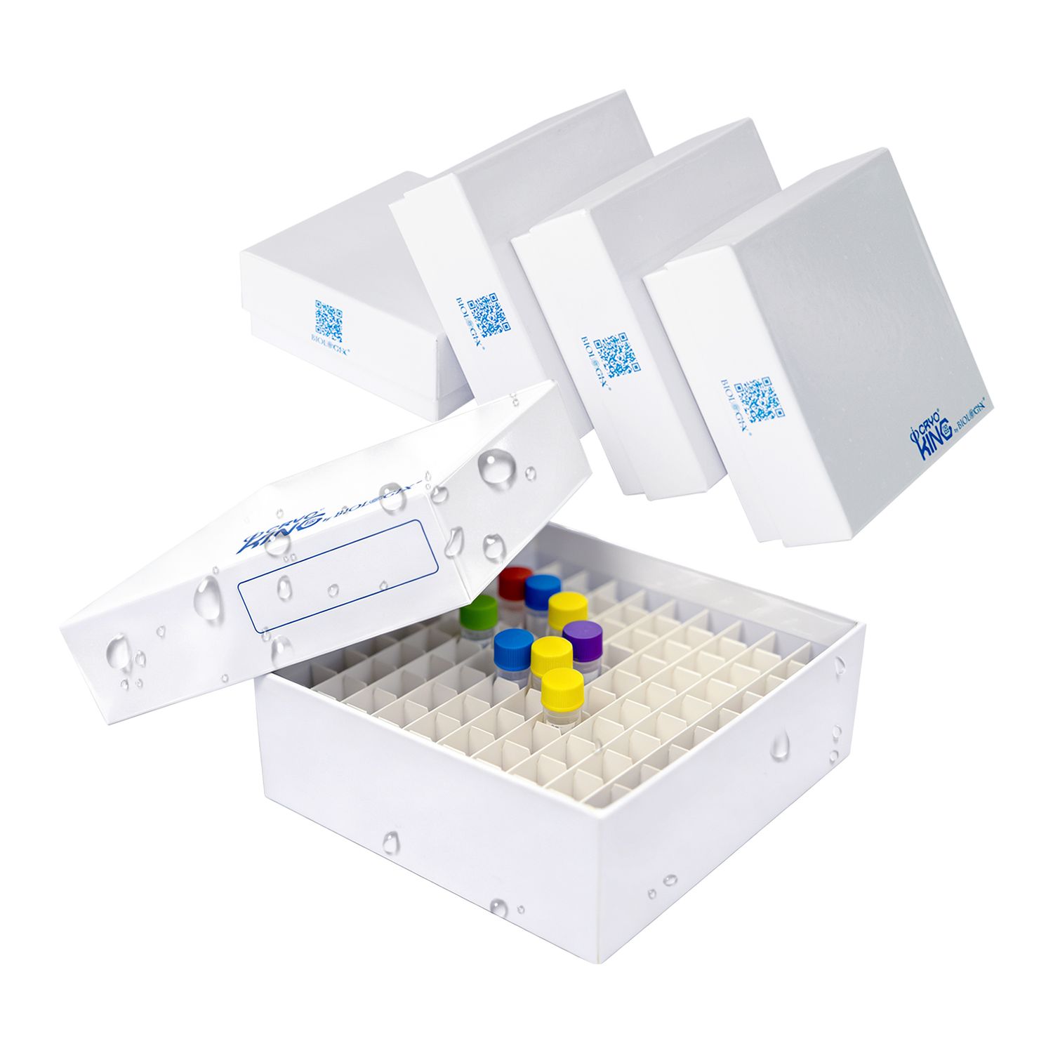 CryoKING® プラスチックコーティング紙製フリーザーボックス、2インチ、81本立て・100本立て、ホワイト