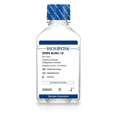 Biologix® DPBS(Ca²⁺・Mg²⁺不含)1×、pH 7.4、滅菌済み、低エンドトキシン、500mL Biologix® DPBS(Ca²⁺・Mg²⁺不含)1×、pH 7.4、滅菌済み、低エンドトキシン、500mL