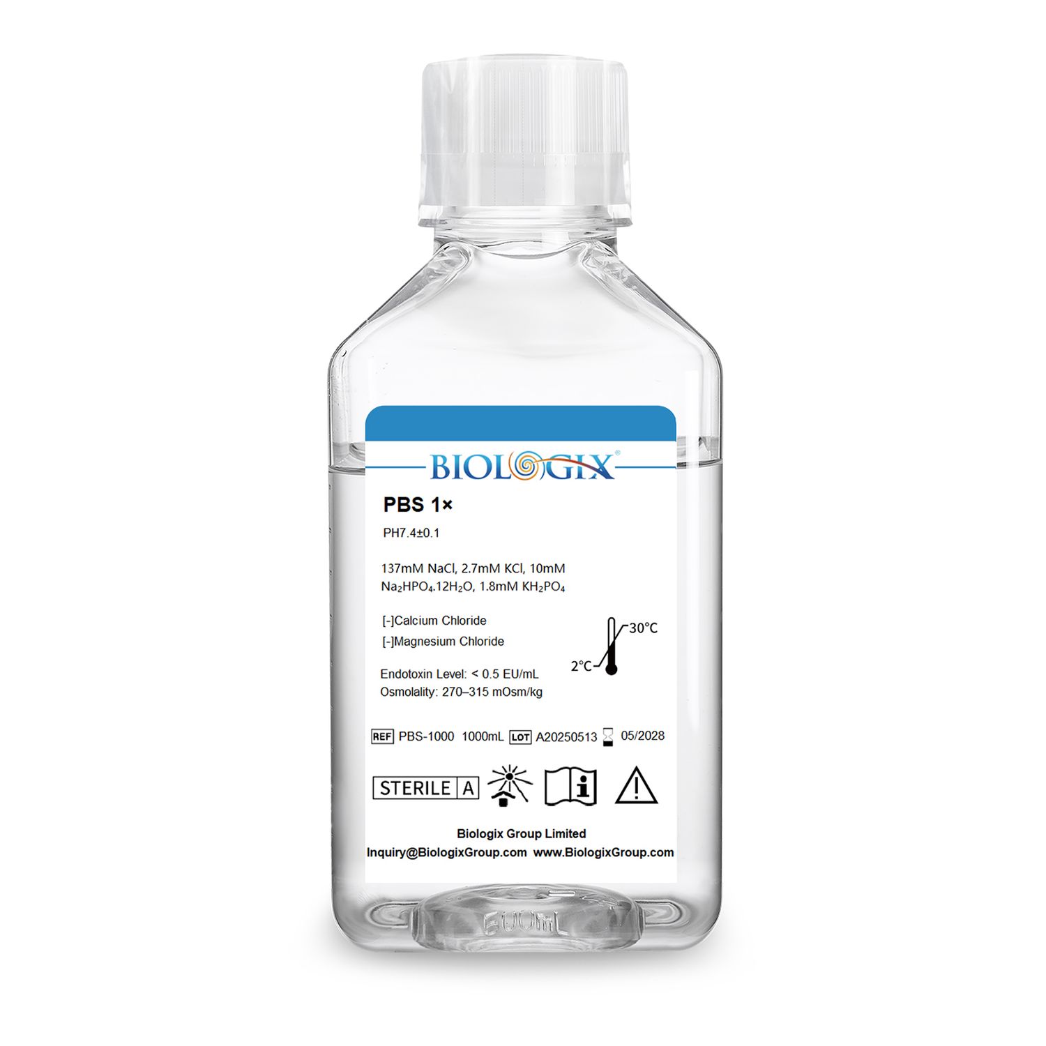 Biologix® PBS緩衝液（1×）、pH 7.4、滅菌済み、低エンドトキシン、1,000mL/ボトル