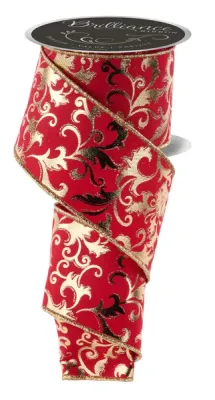 Metallic Foil Swirl Leaf Ribbon RED/GOLD 2.5" 10 yards