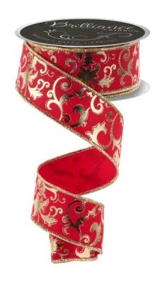 Metallic Foil Swirl Leaf Ribbon RED/GOLD 1.5" 10 yards