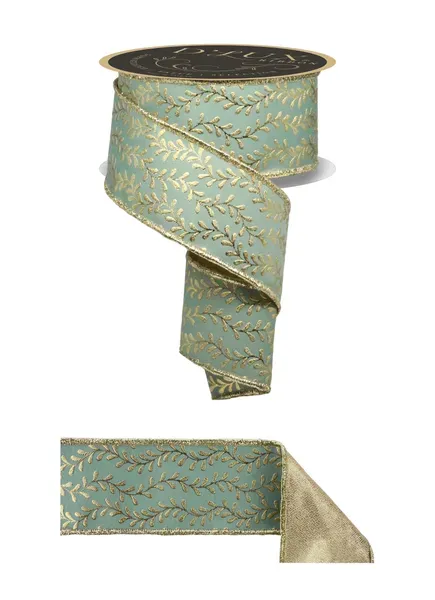 Foil Leaf Garland Ribbon SAGE GREEN/GOLD 2.5" 10 yards