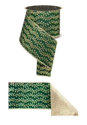 Foil Leaf Garland Ribbon HUNTER GREEN/GOLD 4" 10 yards