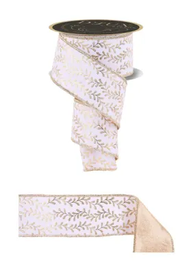 Foil Leaf Garland Ribbon WHITE/GOLD 2.5" 10 yards