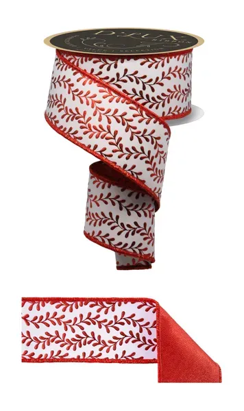 Foil Leaf Garland Ribbon WHITE/RED 2.5" 10 yards