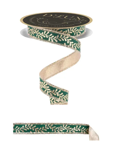 Foil Leaf Garland Ribbon HUNTER GREEN/GOLD 7/8" 10 yards