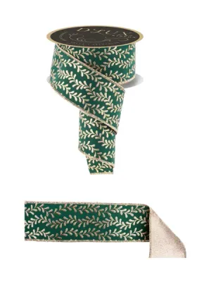 Foil Leaf Garland Ribbon HUNTER GREEN/GOLD 2.5" 10 yards