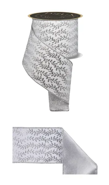 Foil Leaf Garland Ribbon WHITE/SILVER 4" 10 yards